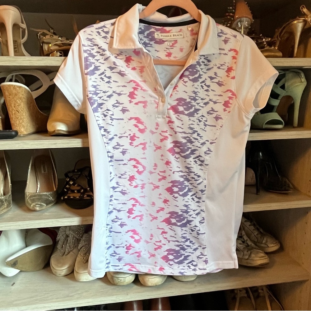 ⛳️ Pebble beach neon animal print women’s golf / tennis polo.
